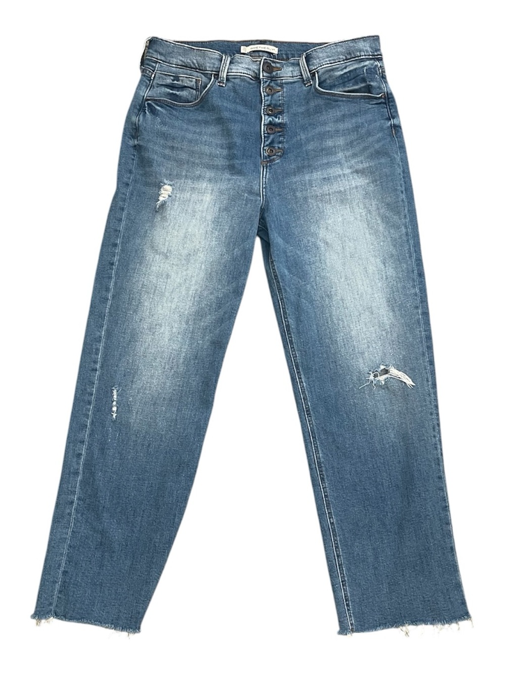 Whetherly | Pierce High Rise Straight Jeans Blue Distressed Stretch Sz 14/32